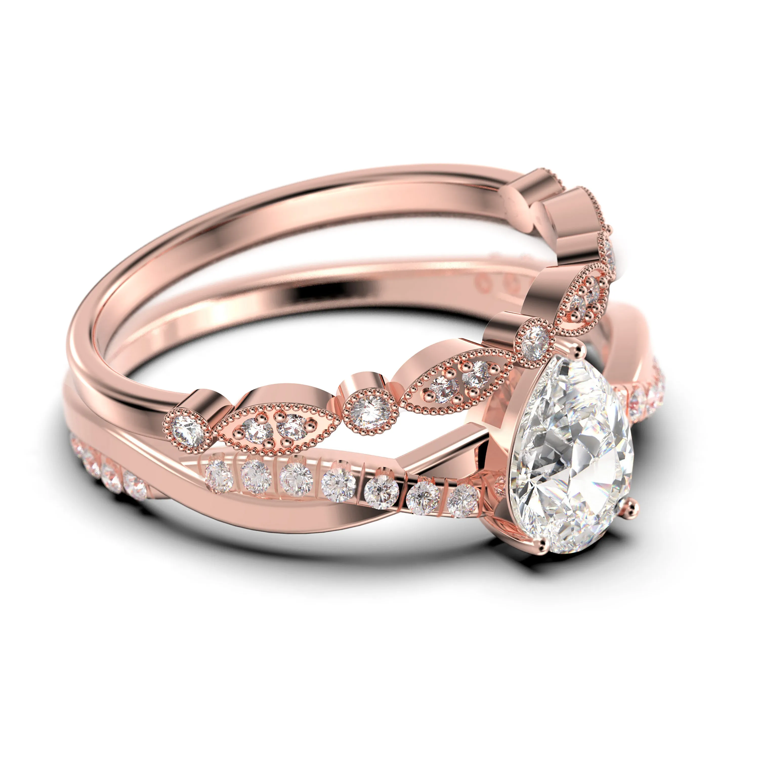 Gorgeous Minimalist Art Deco 1.75 Carat Pear Cut Authentic Diamond Moissanite Engagement Ring, One Matching Band, Twisted Band Wedding Ring in 10k/14k/18k Solid Gold Gift For Her