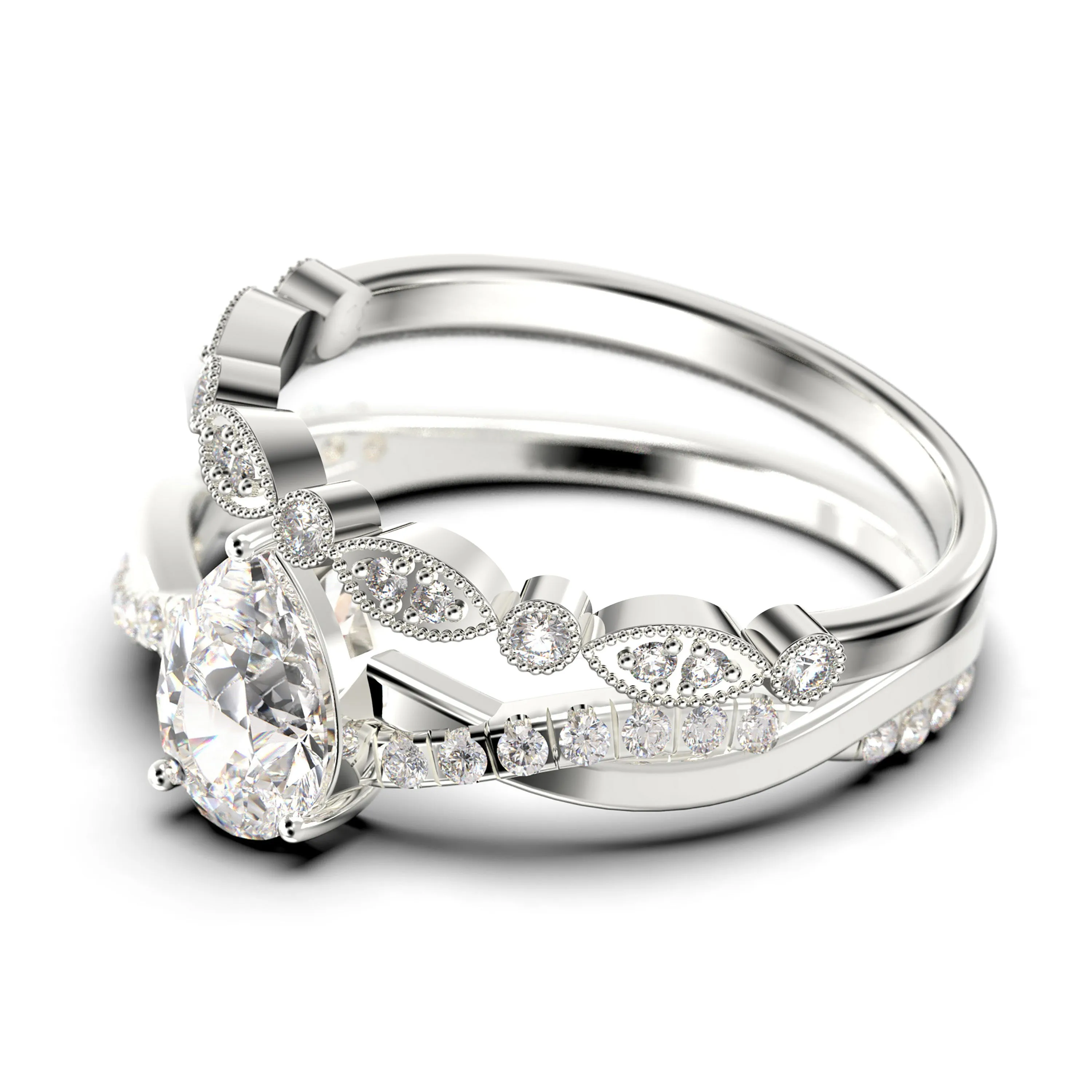Gorgeous Minimalist Art Deco 1.75 Carat Pear Cut Authentic Diamond Moissanite Engagement Ring, One Matching Band, Twisted Band Wedding Ring in 10k/14k/18k Solid Gold Gift For Her