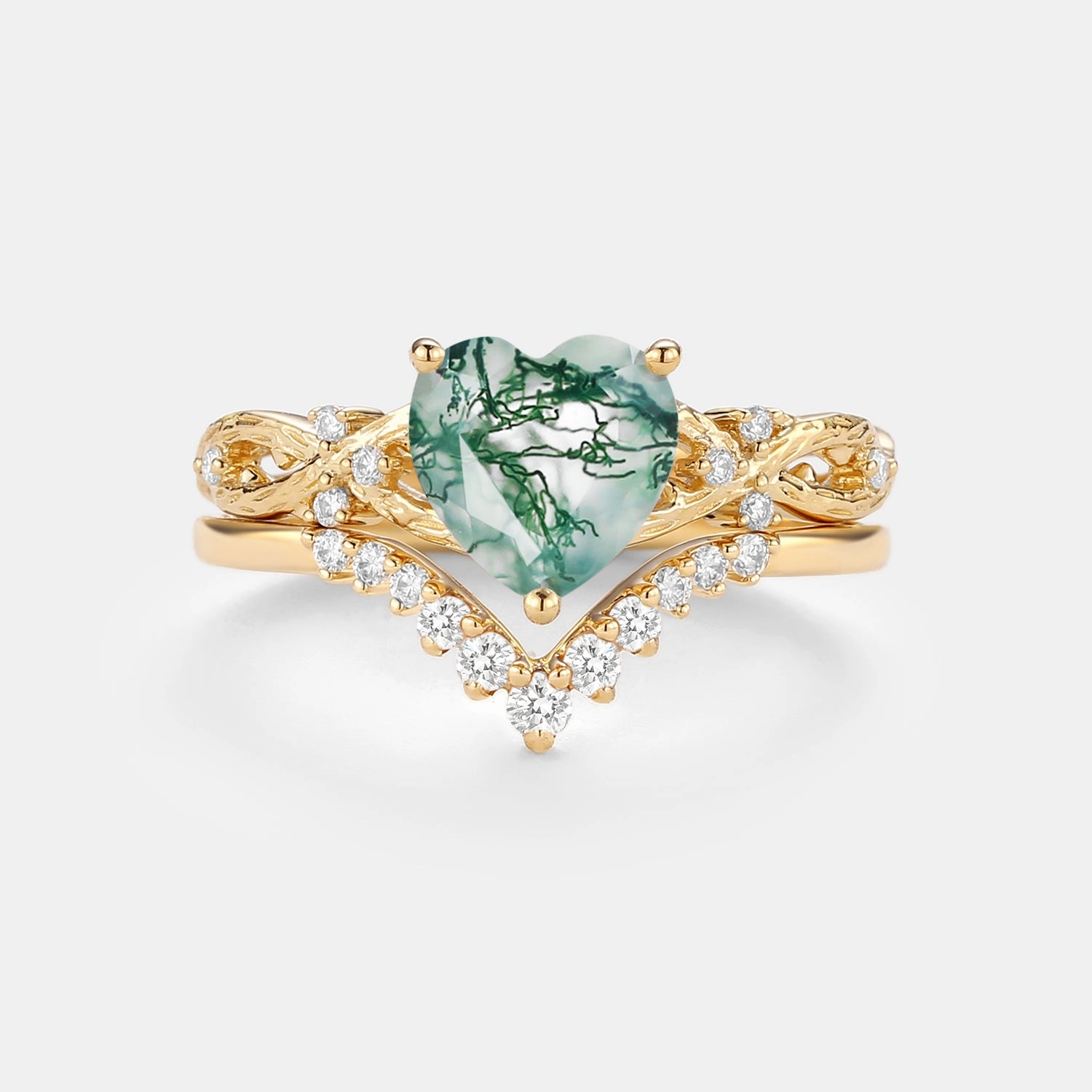 Custom Gifts Charming Shine Infinity Heart Shaped Natural Moss Agate Ring Set 2pcs - Elle