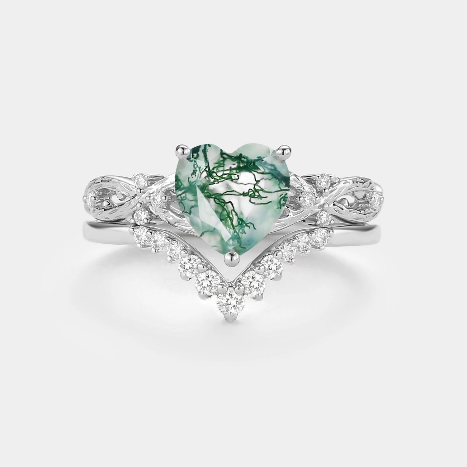 Dazzling Charm Infinity Heart Shaped Natural Moss Agate Ring Set 2pcs - Elle