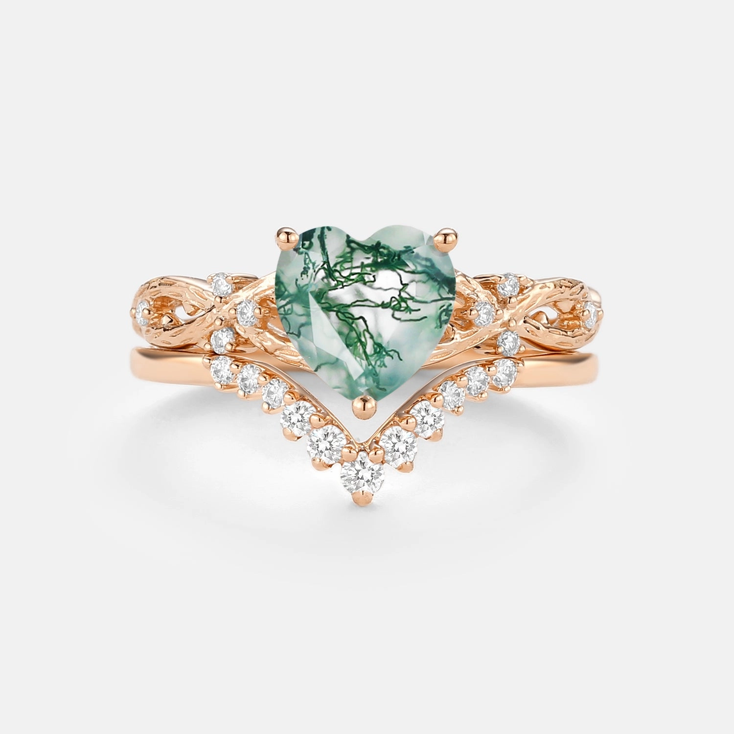Infinity Heart Shaped Natural Moss Agate Ring Set 2pcs - Elle Comfortable Fit