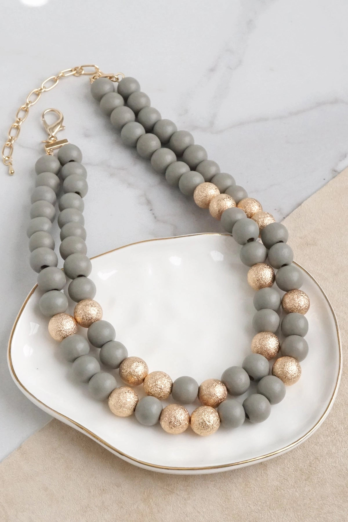 Multi Strand Wooden Beads Short Statement Necklace in Gray and Gold Chic Minimal