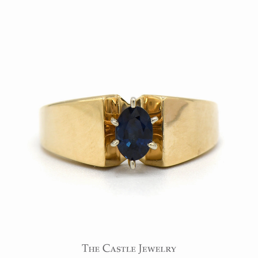 Oval Sapphire Solitaire Ring with Wide Polished Band in 14k Yellow Gold Synthetic Make Office Present