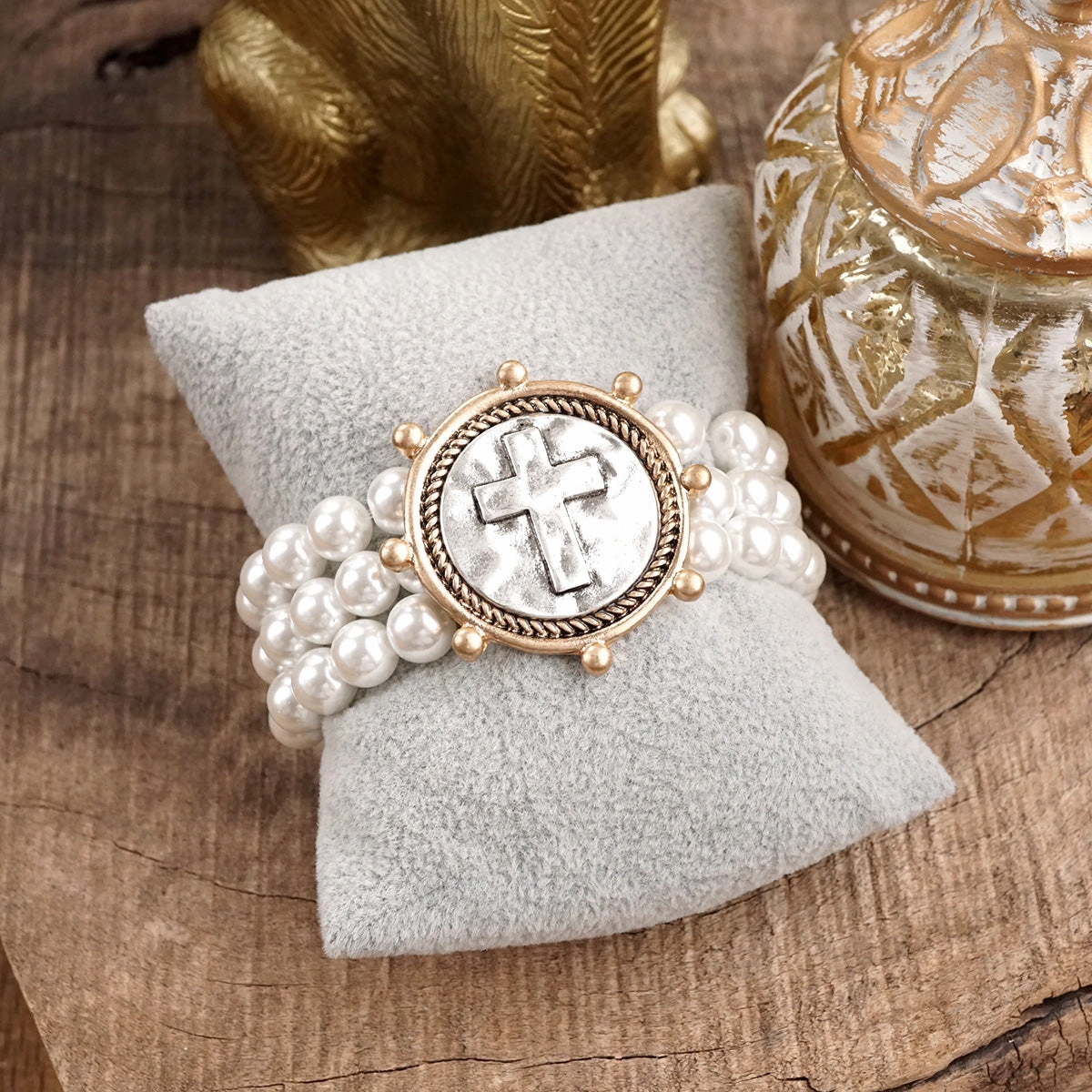Prompt Sight Peak Price Gracebound ?C Cross Coin & Chunky Pearl 3-in-1 Statement Bracelet in Mixed Metals
