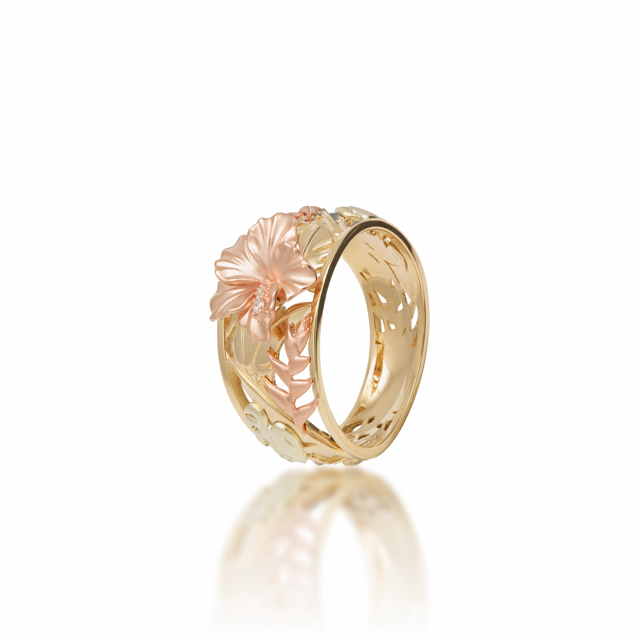 Hawaiian Gardens Hibiscus Ring in Tri Color Gold with Diamonds - 12mm Artisan Detail