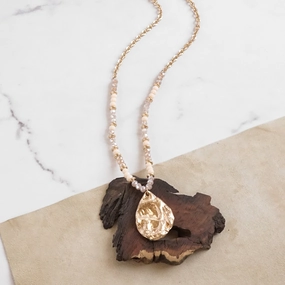 Long Beaded Necklace with Golden Teardrop Pendant - Peach Trendsetter Pick