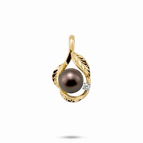 Maile Tahitian Black Pearl Pendant in Gold with Diamonds - 9-10mm Balanced Feature Precious Gemstones