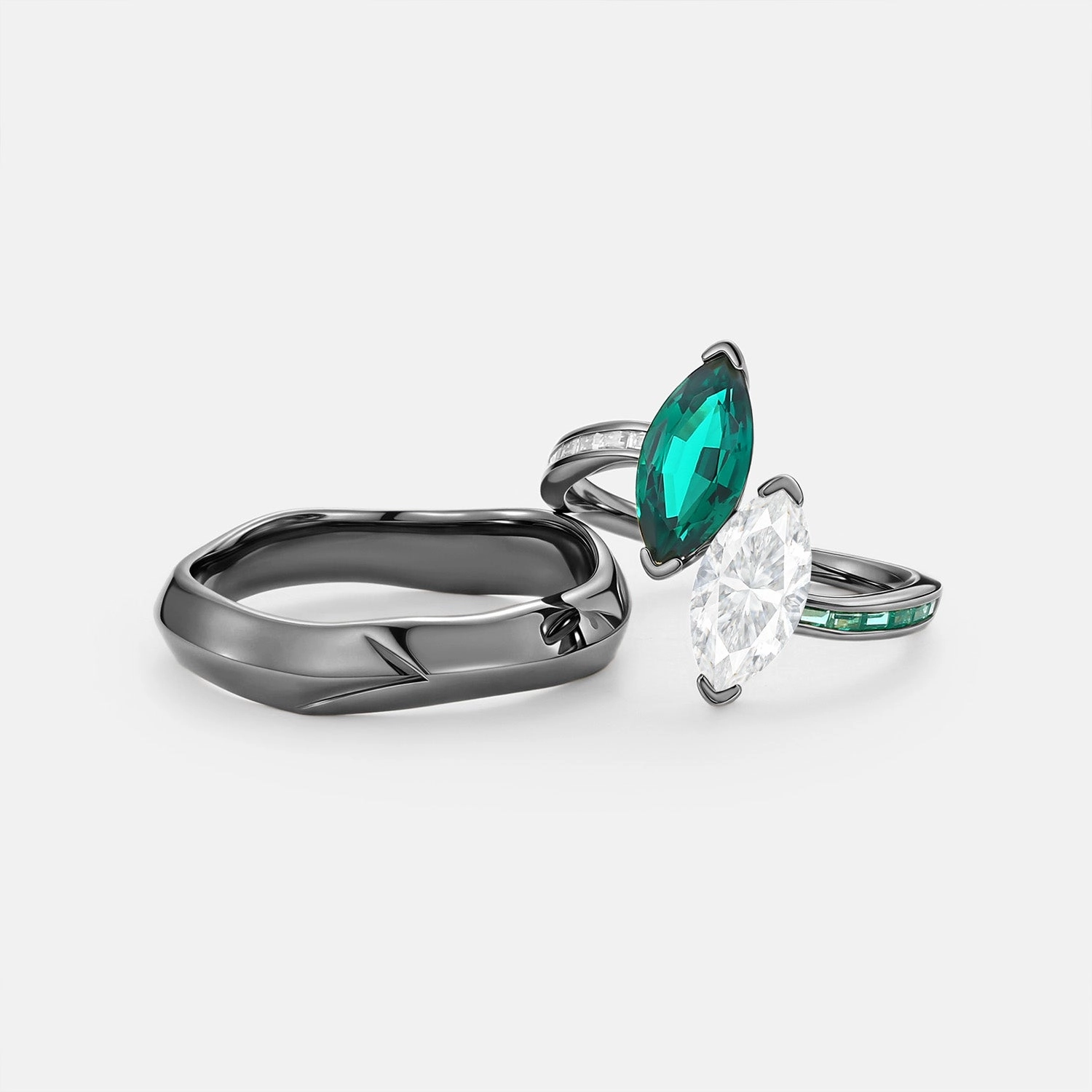 Toi et Moi Lab Emerald & Moissanite Couple Ring Set 2pcs - Dyad Modern Statement Fashion highlight