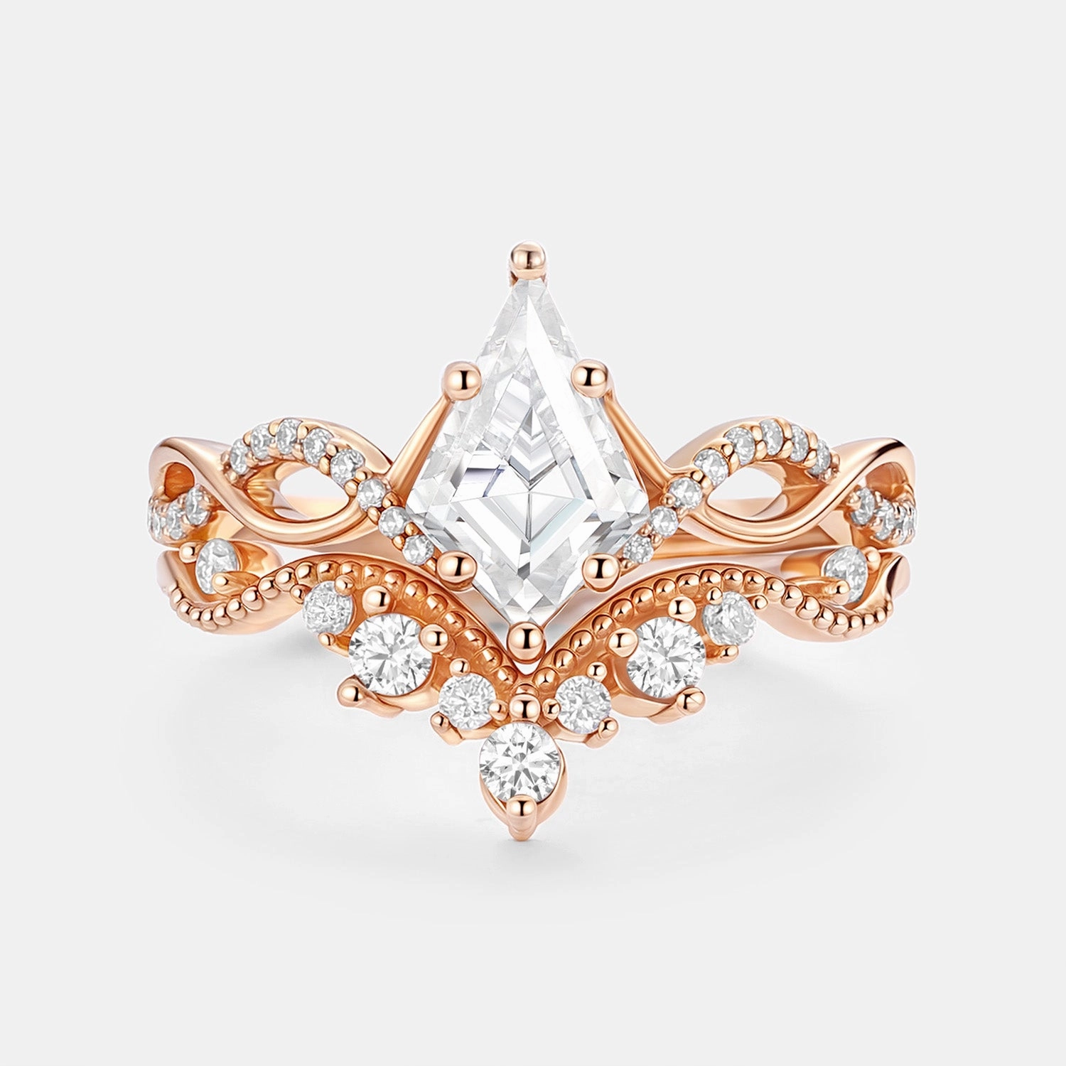 Infinity Kite Cut Lab Padparadscha Engagement Ring Set 2pcs Stylish Spark