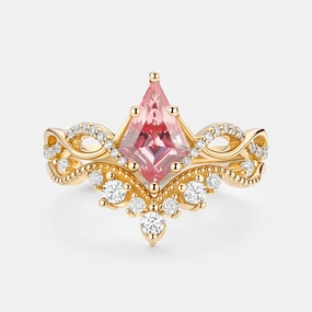 Infinity Kite Cut Lab Padparadscha Engagement Ring Set 2pcs Subtle Form Petite Style