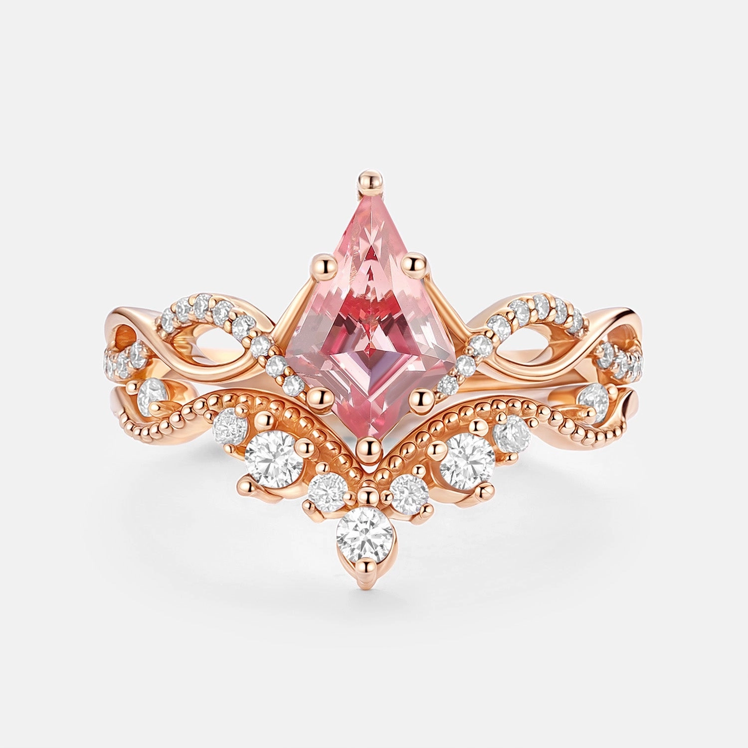 Refined Lines Cozy Style Infinity Kite Cut Lab Padparadscha Engagement Ring Set 2pcs