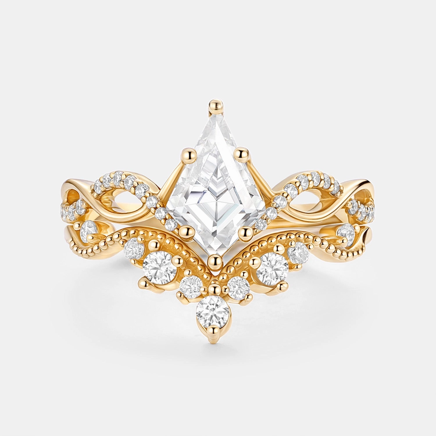 Infinity Kite Cut Lab Padparadscha Engagement Ring Set 2pcs Contemporary Feature