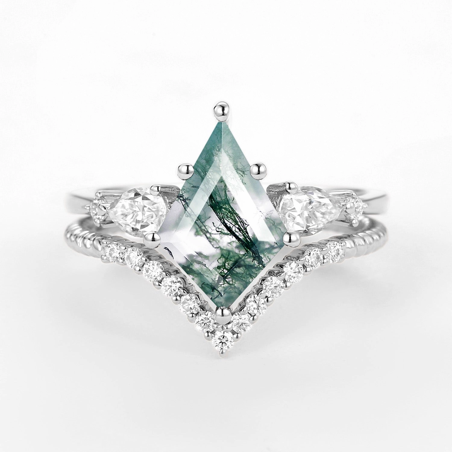 Polished Layer Kite Moss Agate Three Stones Engagement Ring Set 2pcs - Delilah