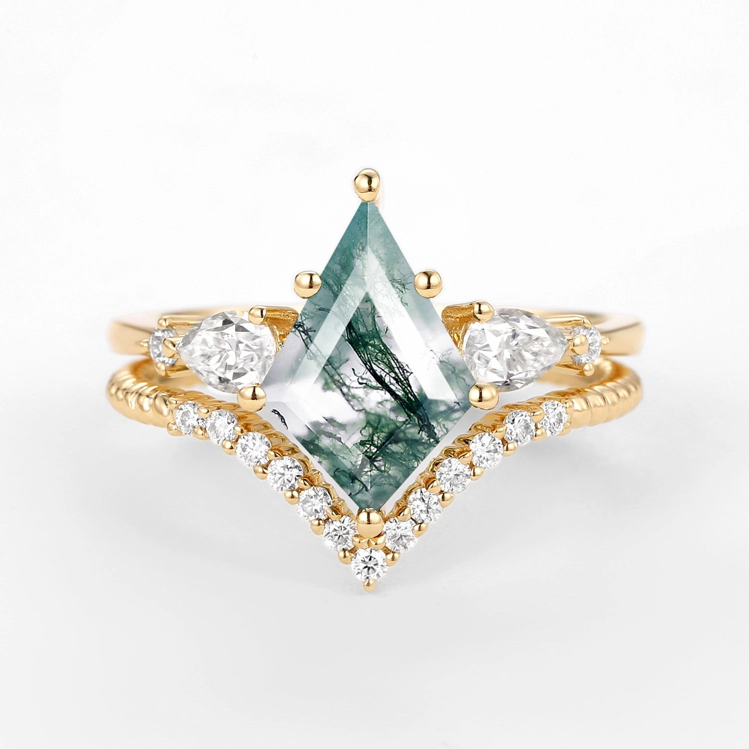 Kite Moss Agate Three Stones Engagement Ring Set 2pcs - Delilah Fashion Shine Distinctive Detail