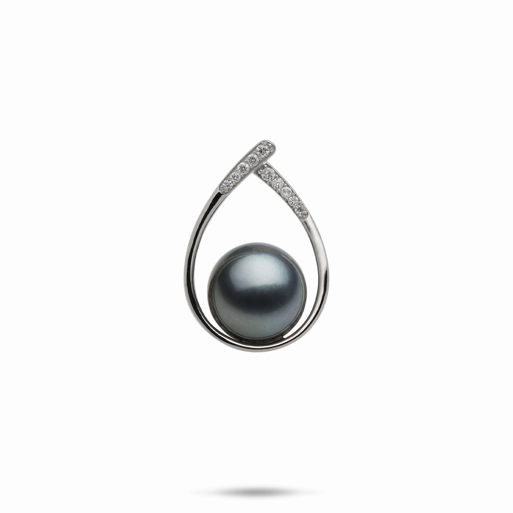 Handmade Elegance Teardrop Tahitian Black Pearl Pendant in White Gold with Diamonds - 10-11mm