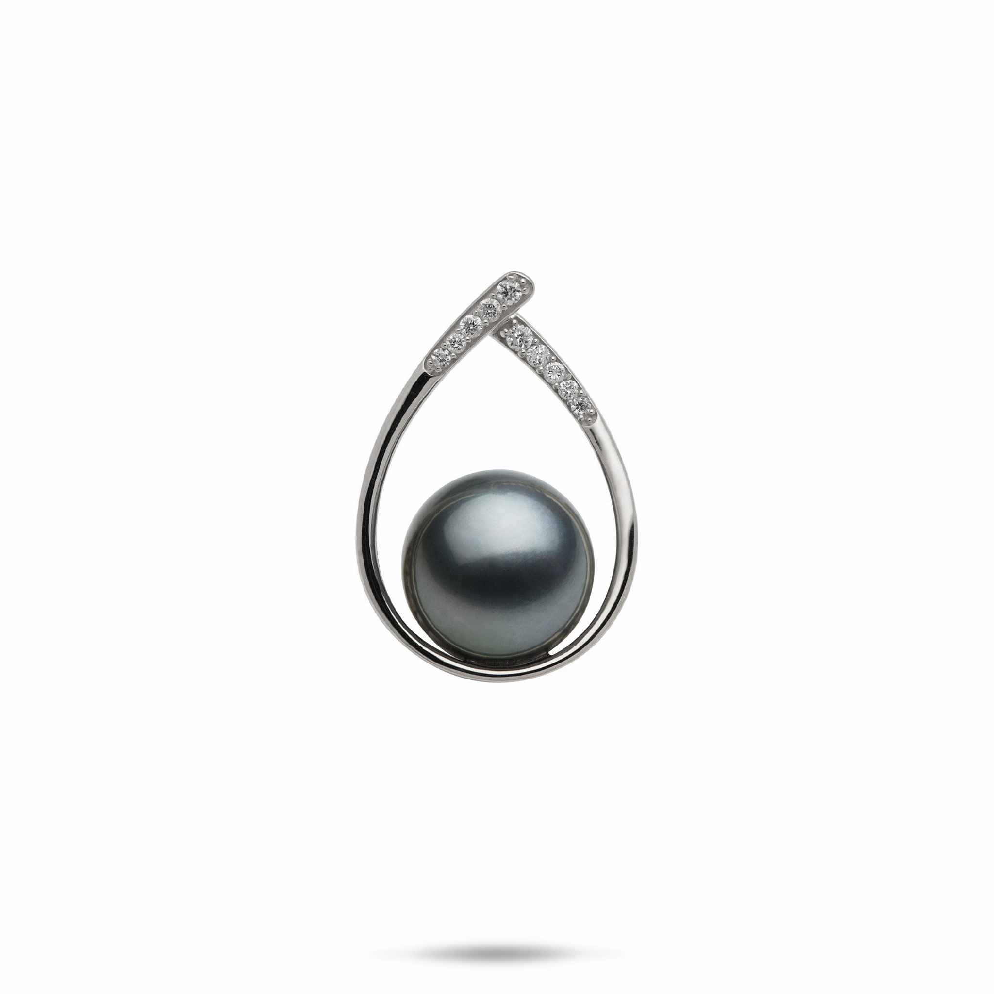 Refined Vibe Smooth Curve Teardrop Tahitian Black Pearl Pendant in White Gold with Diamonds - 10-11mm