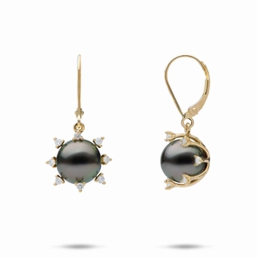 Protea Tahitian Black Pearl Earrings in Gold with Diamonds - 9-10mm Polished Highlights