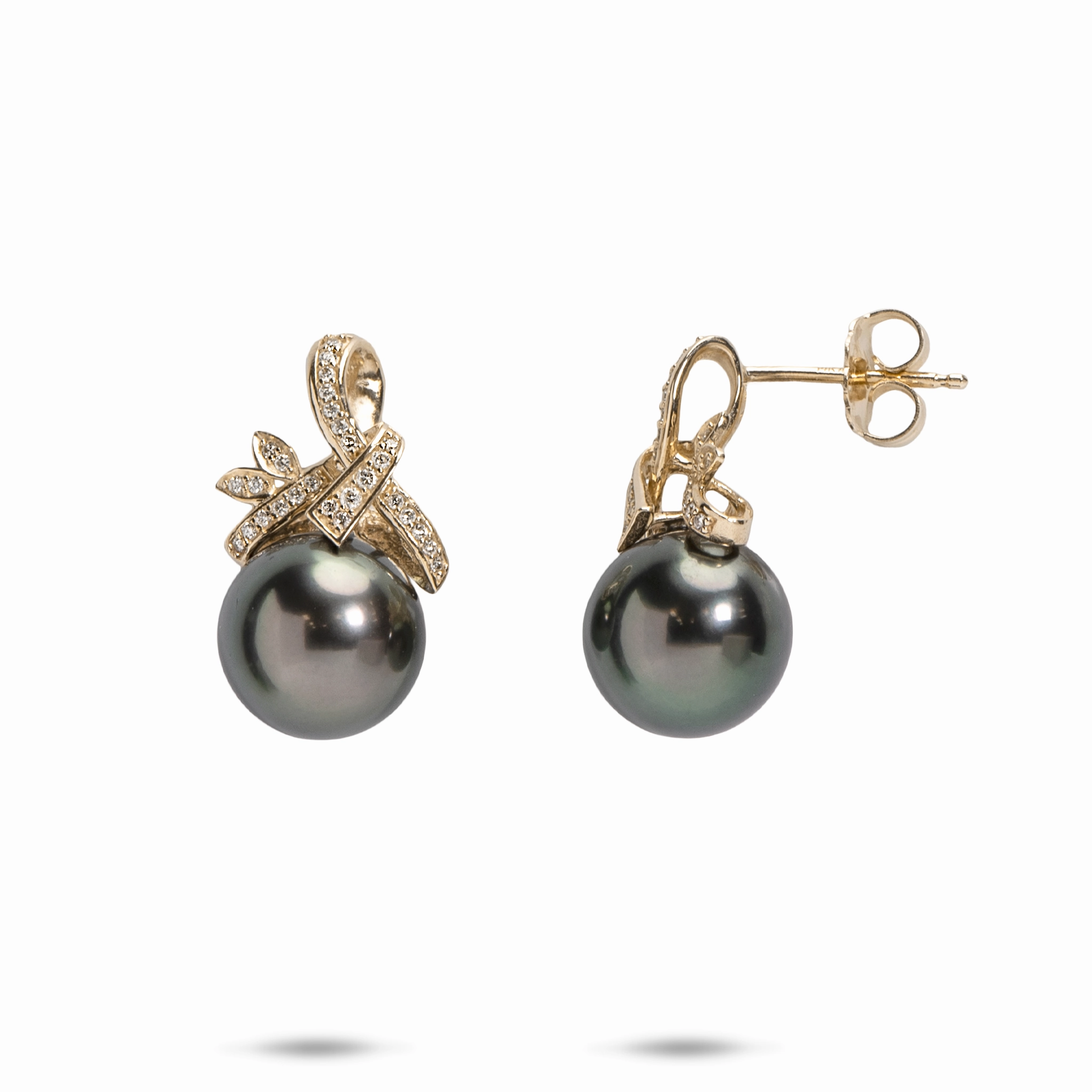 Light Fit Timeless Finish Tahitian Black Pearl Earrings in Gold with Diamonds - 9-10mm