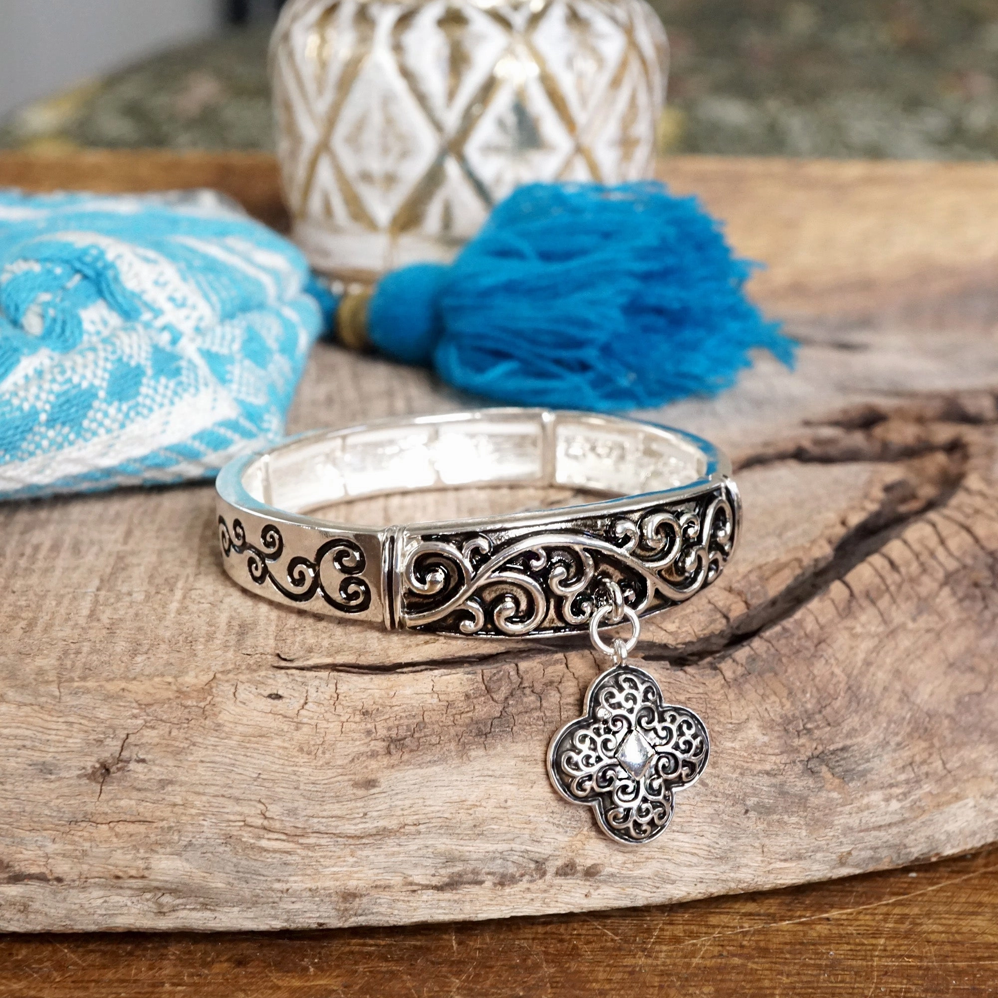 Graceful Whimsy ?C Classic Filigree Stretchy Bangle with Charm Limitless Amalgamations Celestial Blends