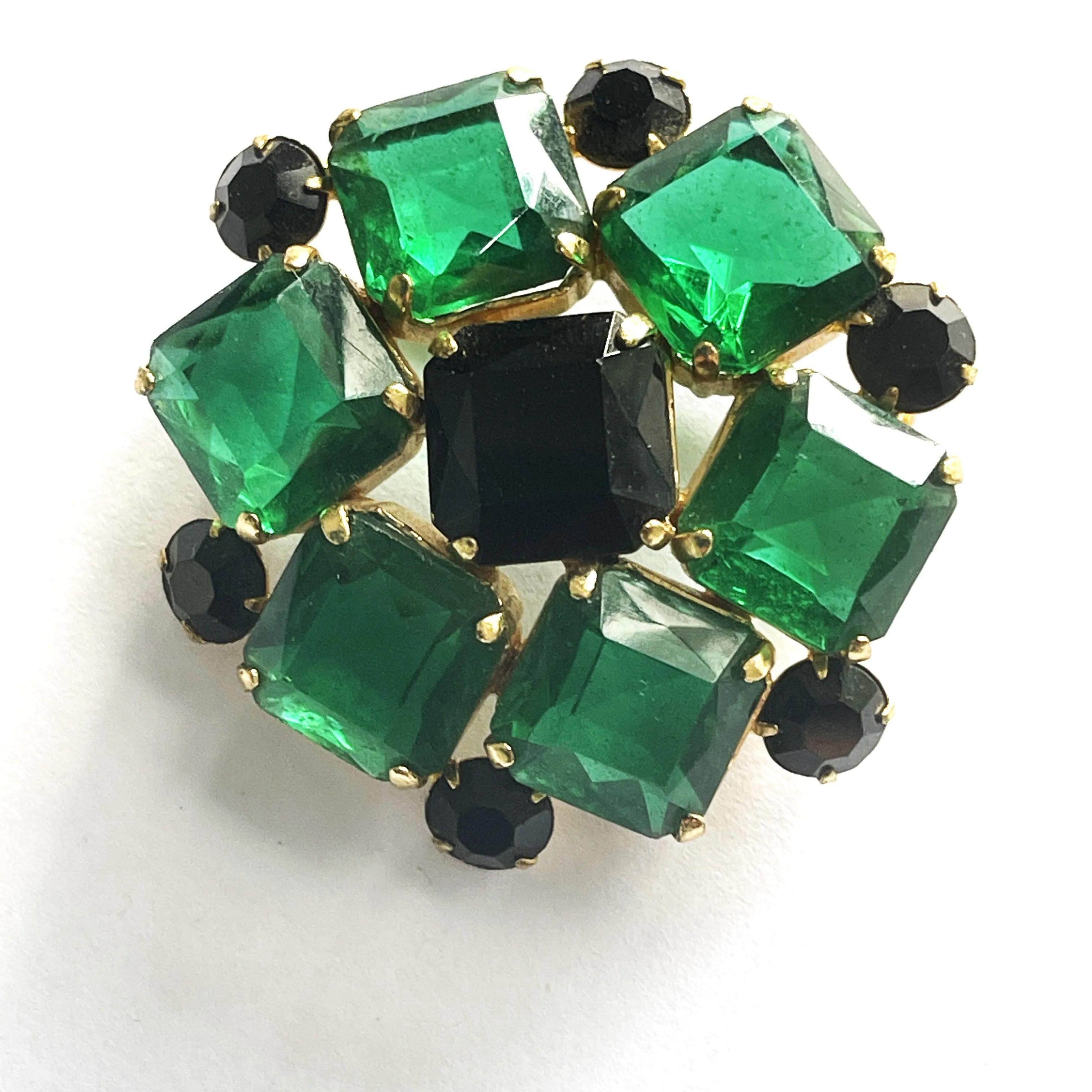 Green & Black Rhinestone Vintage Brooch