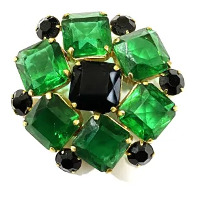 Green & Black Rhinestone Vintage Brooch