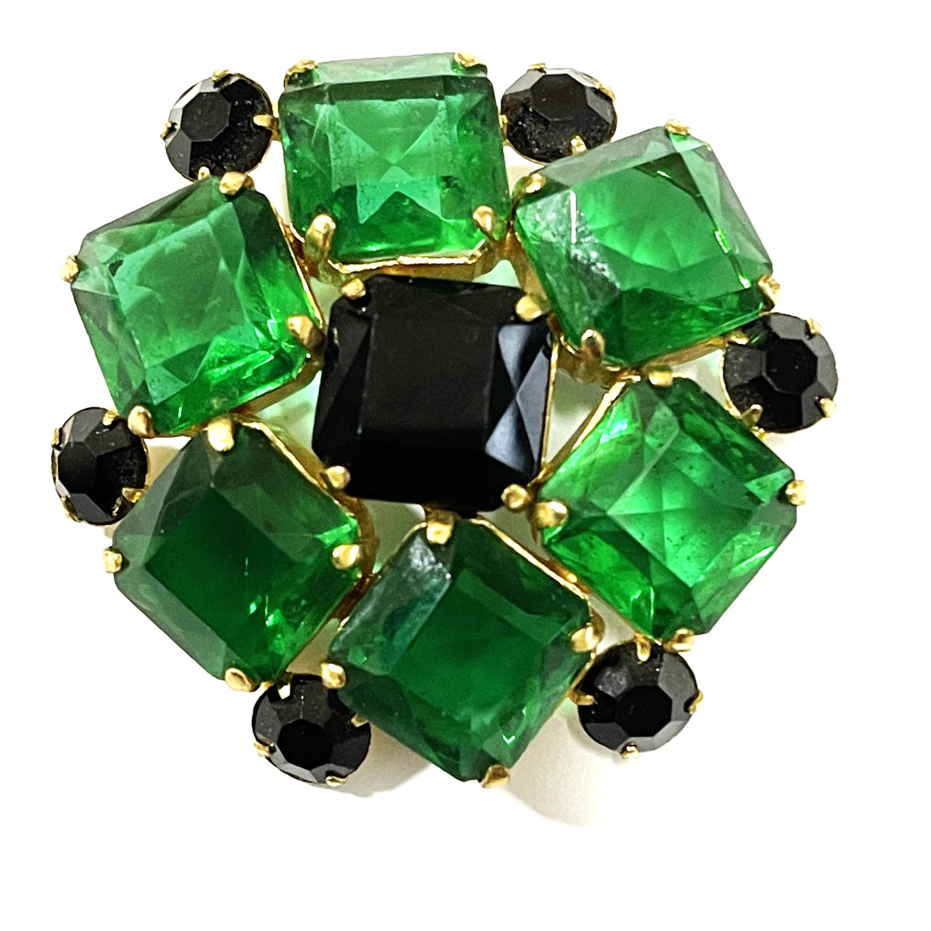 Green & Black Rhinestone Vintage Brooch