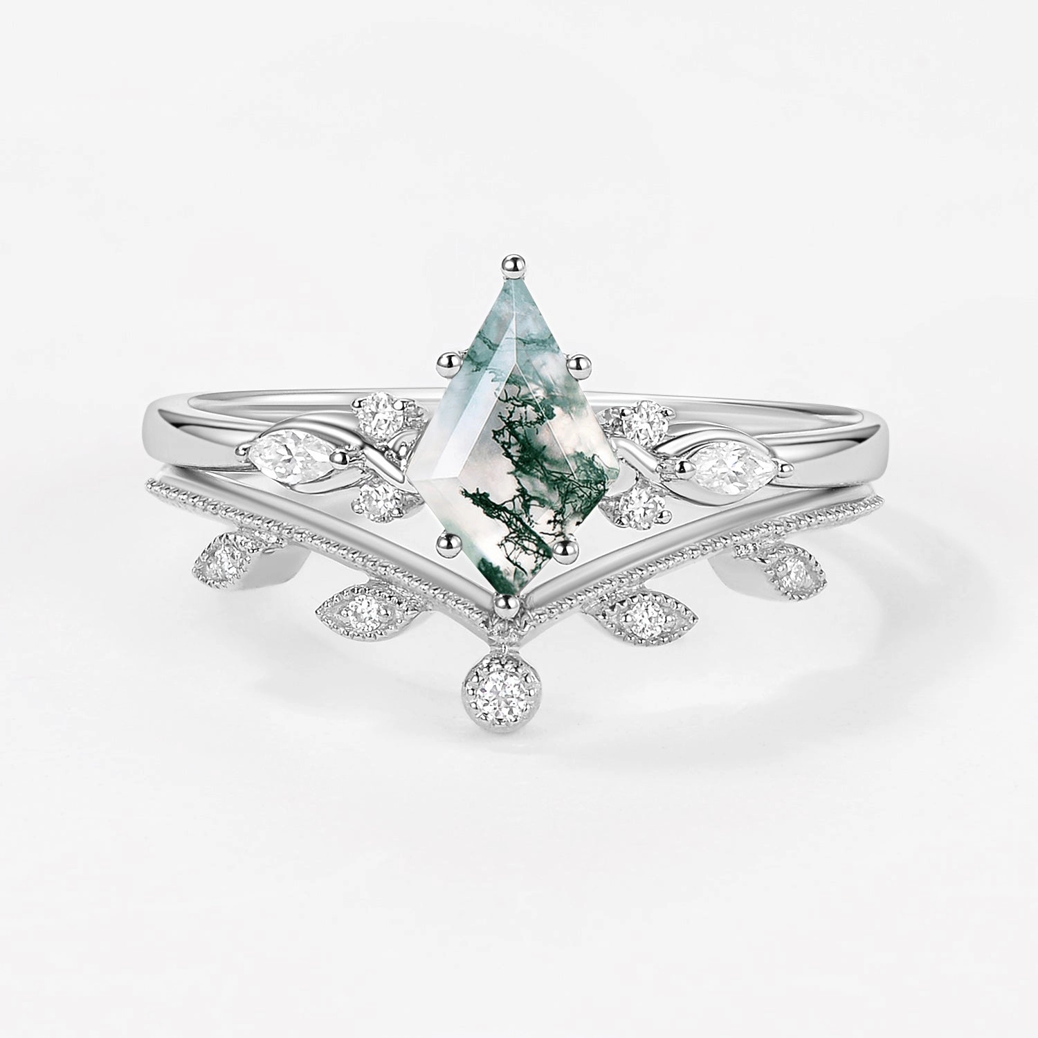 Green Leafy Unique Kite Moss Agate Engagement Ring Sets 2pcs Trendy Feel
