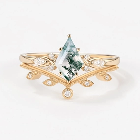 Contemporary Craft Green Leafy Unique Kite Moss Agate Engagement Ring Sets 2pcs