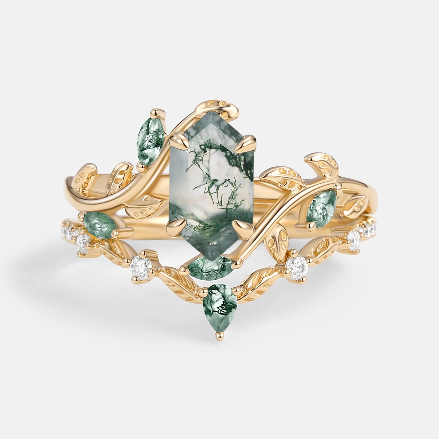 Lustrous Highlight Green Moss Agate Long Hexagon Vine Engagement Ring Set 2pcs - Daphne