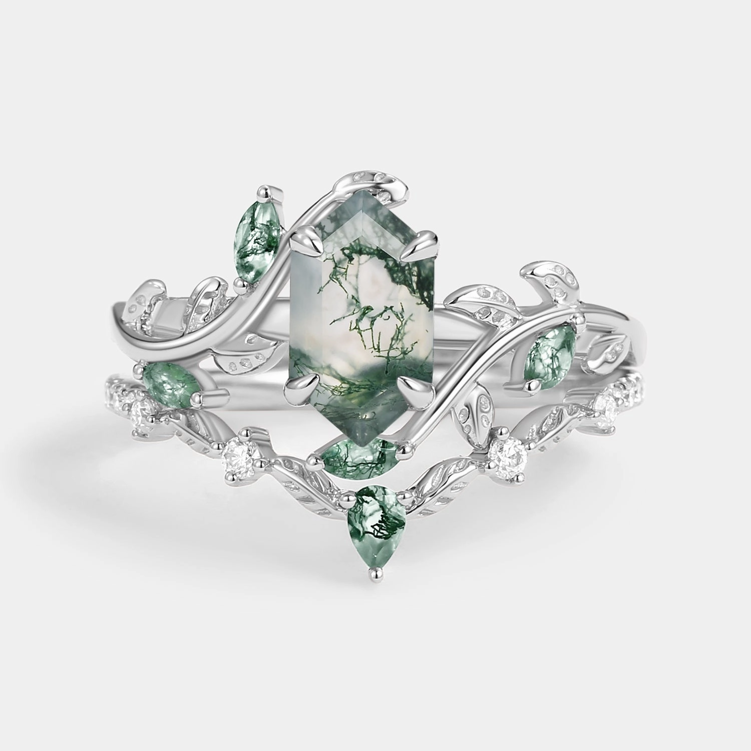 Green Moss Agate Long Hexagon Vine Engagement Ring Set 2pcs - Daphne Timeless Craft