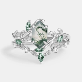 Green Moss Agate Long Hexagon Vine Engagement Ring Set 2pcs - Daphne Timeless Craft