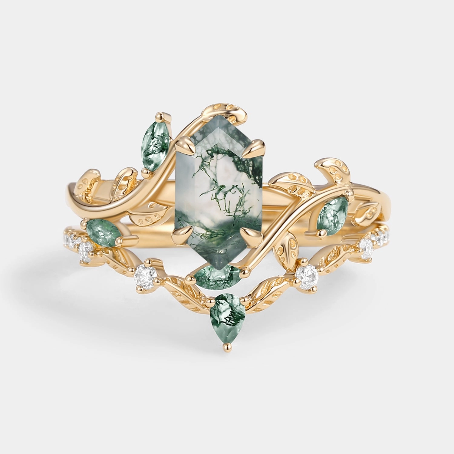Dainty Finish Green Moss Agate Long Hexagon Vine Engagement Ring Set 2pcs - Daphne