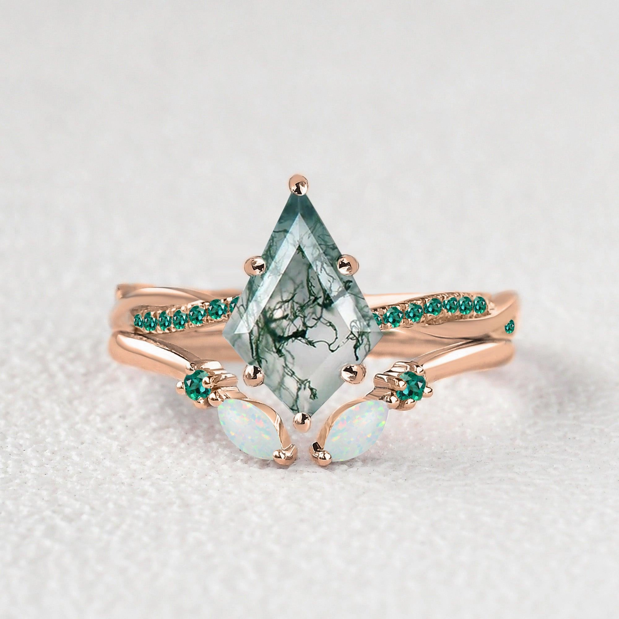 Subtle Form Green Moss Agate Marquise Emerald Band Engagement Ring Set 2pcs