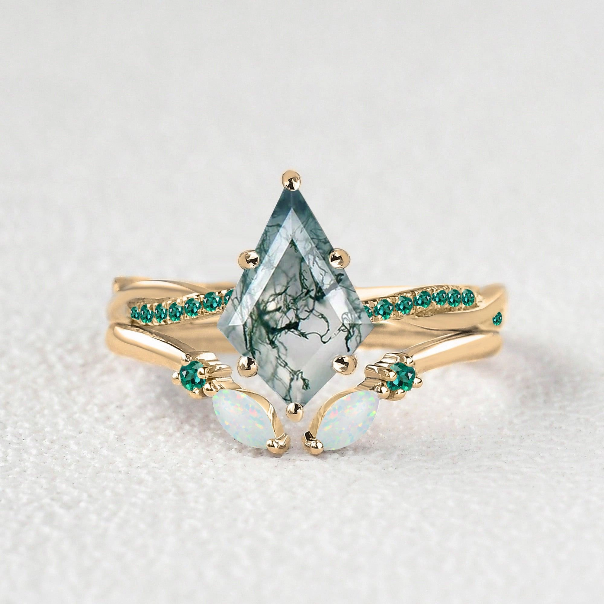 Green Moss Agate Marquise Emerald Band Engagement Ring Set 2pcs Trendy Layer Premium Edge