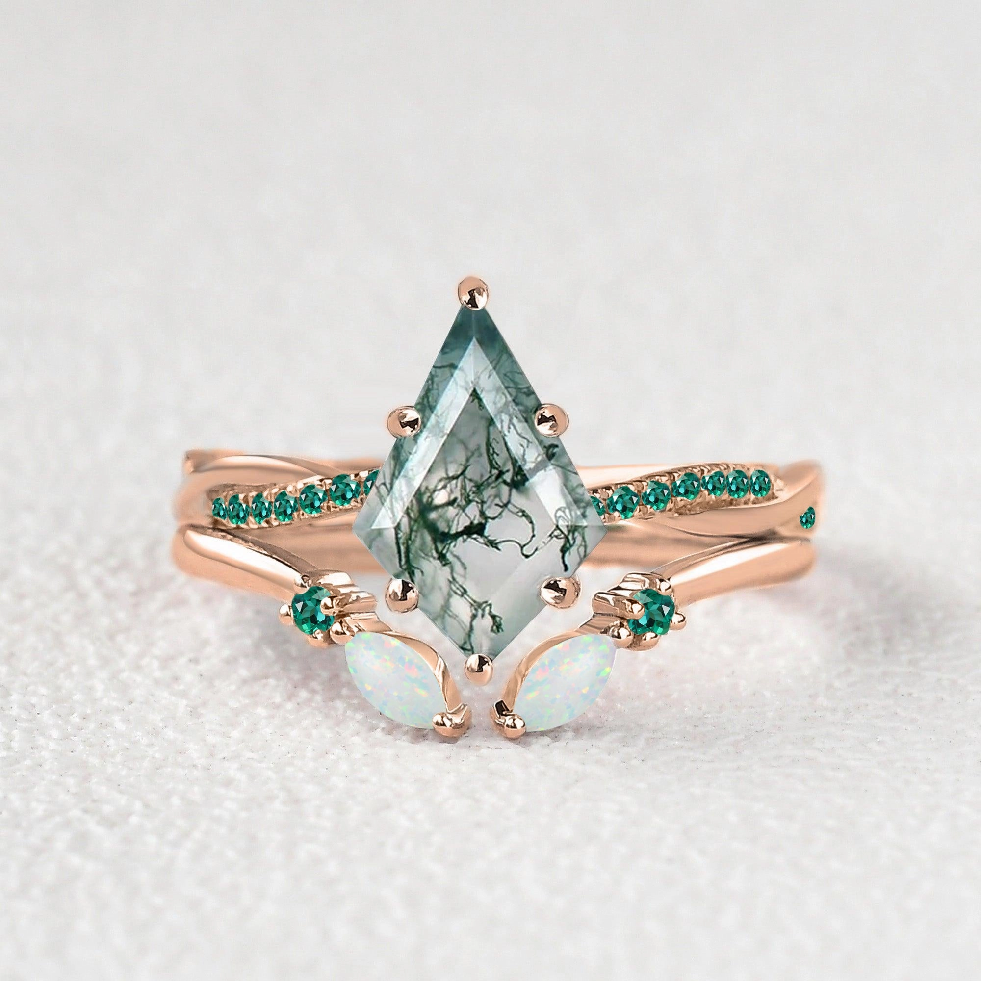 Radiant Shine Finish Green Moss Agate Marquise Emerald Band Engagement Ring Set 2pcs