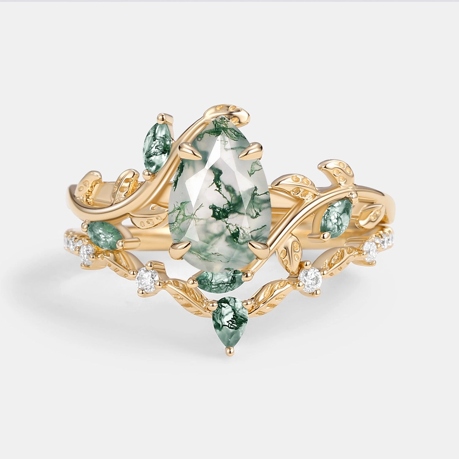 Polished Edge Green Moss Agate Pear Vine Engagement Ring Set 2pcs - Daphne