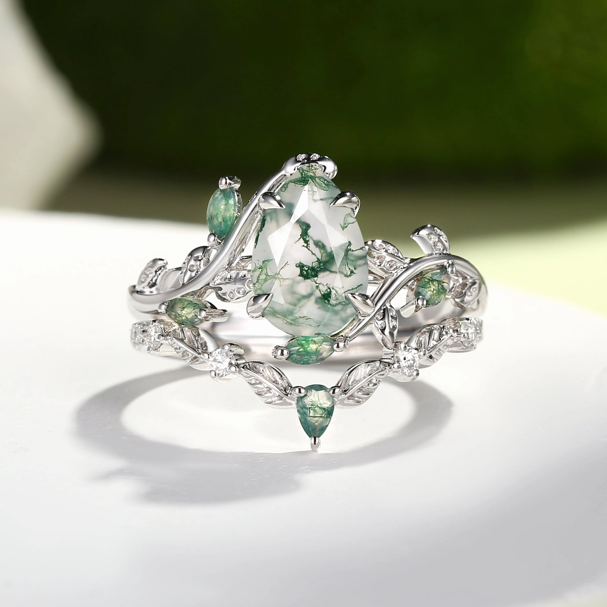 Green Moss Agate Pear Vine Engagement Ring Set 2pcs - Daphne Party Moment Glam Effect