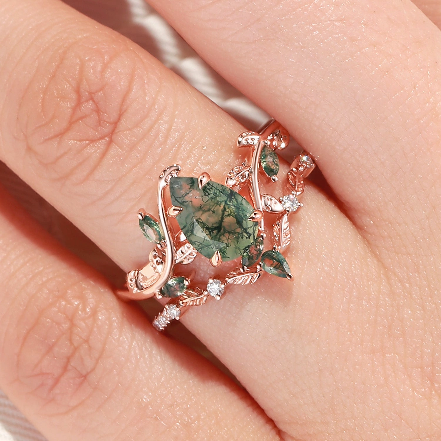 Romantic Spark Green Moss Agate Pear Vine Engagement Ring Set 2pcs - Daphne