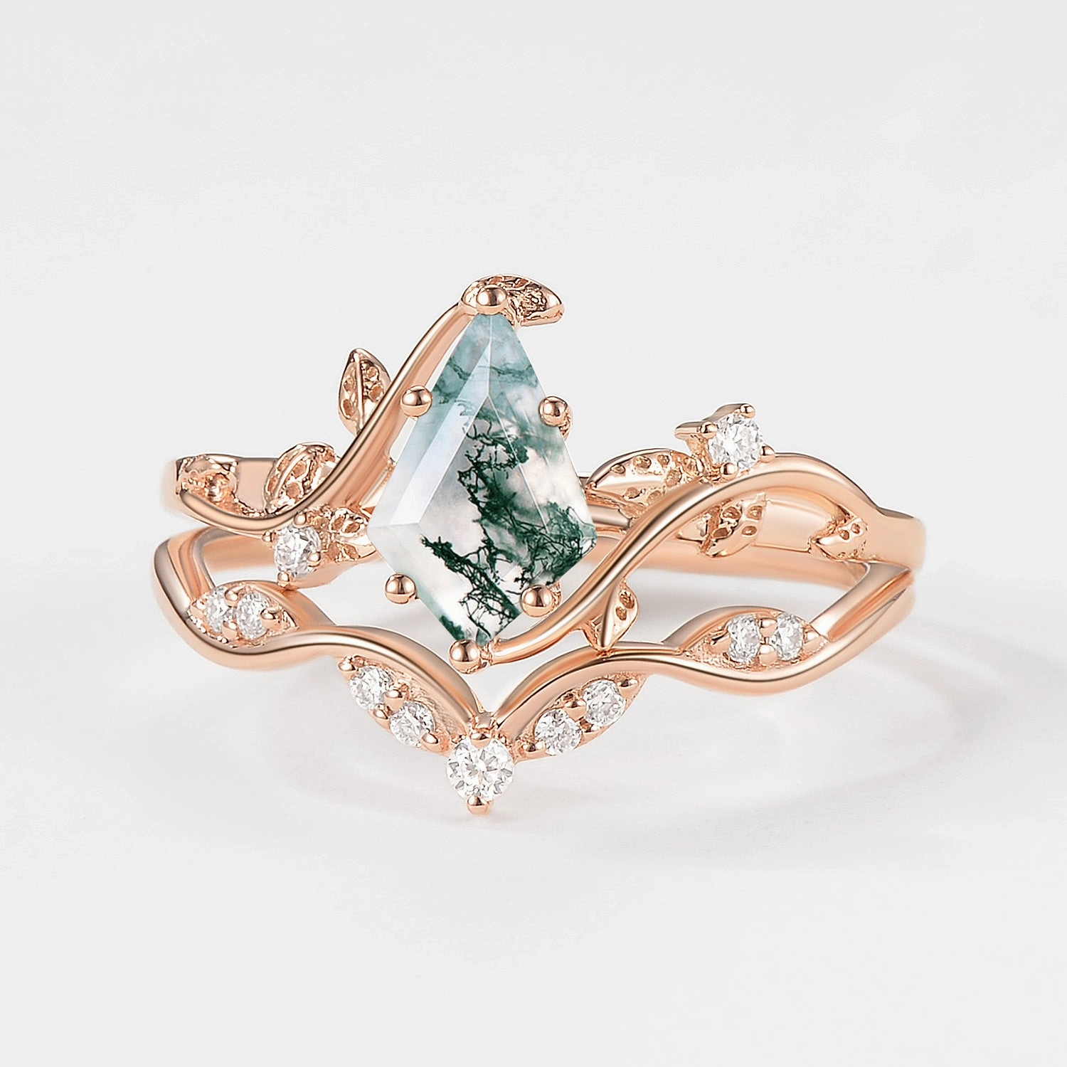 Green Vine Kite Cut Moss Agate Leafy Engagement Ring Sets 2pcs Trendy Design Shine Factor