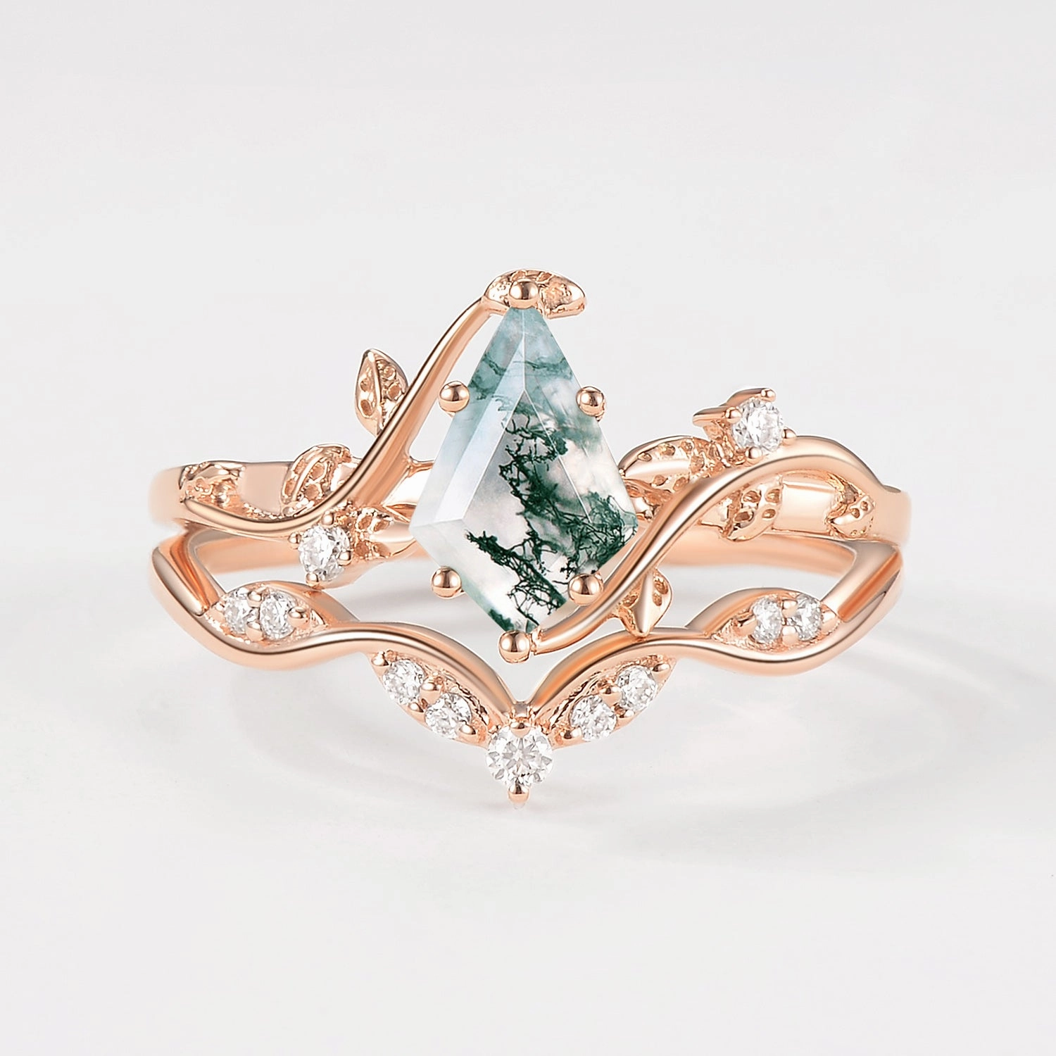Green Vine Kite Cut Moss Agate Leafy Engagement Ring Sets 2pcs Refined Lines Glistening Piece