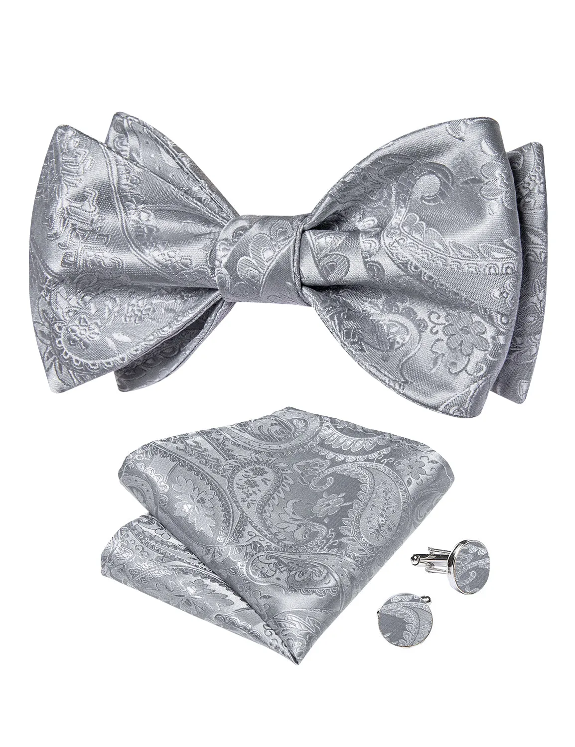 Grey Floral Self-Bowtie Pocket Square Cufflinks Set