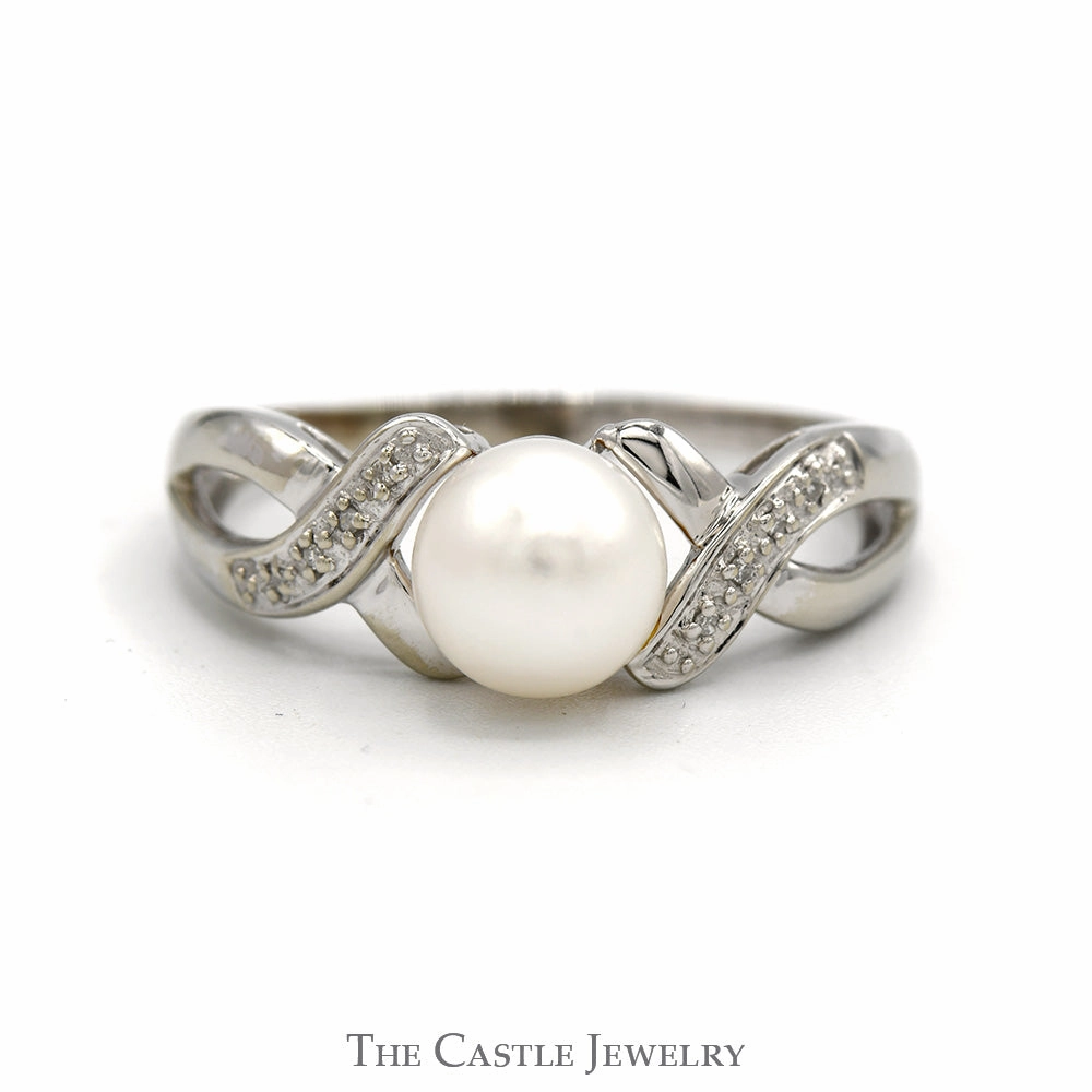 Lustrous Accent Luxury Work Round White Pearl Ring with Diamond Accented Twisted Sides in 10k White Gold