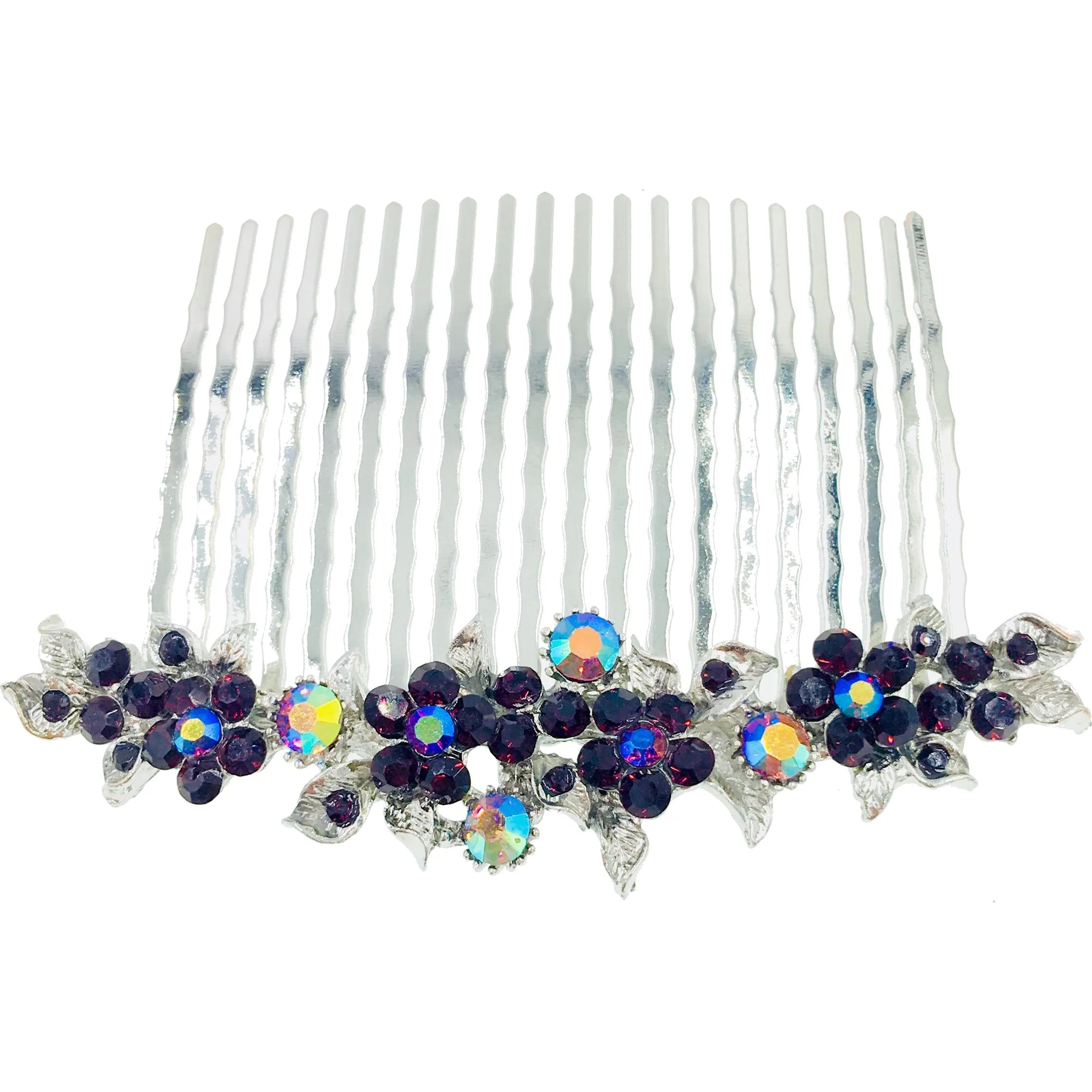 Gypsophila Flower Cluster Hair Comb Swarovski Crystal Vintage Simple silver base Dark Purple