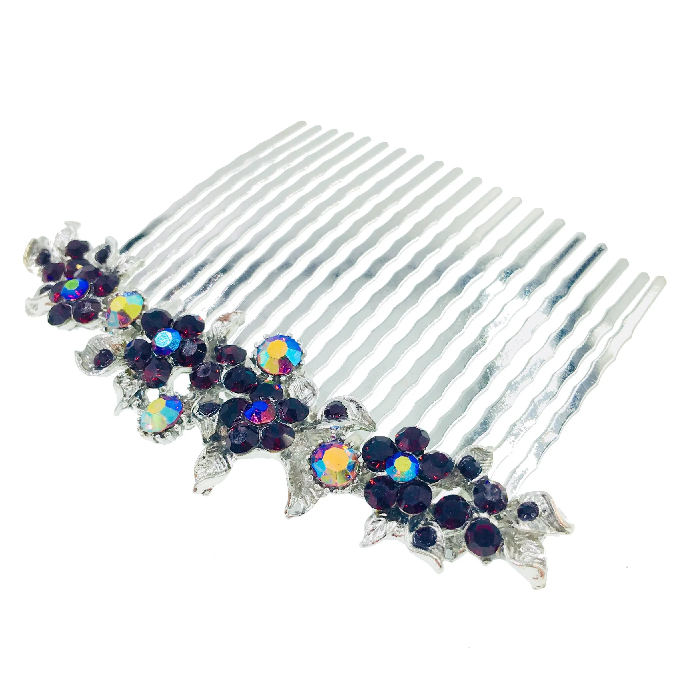 Gypsophila Flower Cluster Hair Comb Swarovski Crystal Vintage Simple silver base Dark Purple
