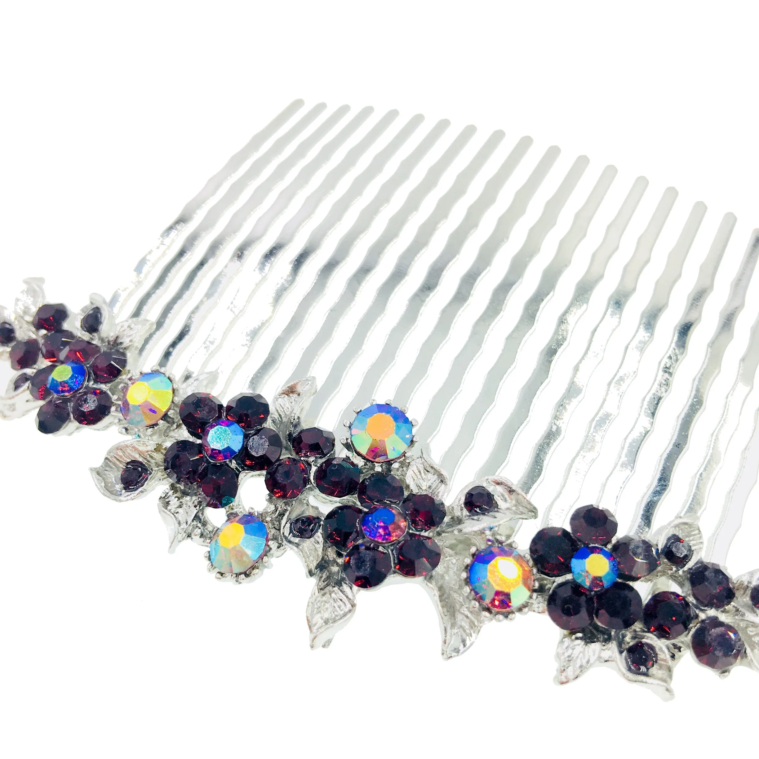 Gypsophila Flower Cluster Hair Comb Swarovski Crystal Vintage Simple silver base Dark Purple