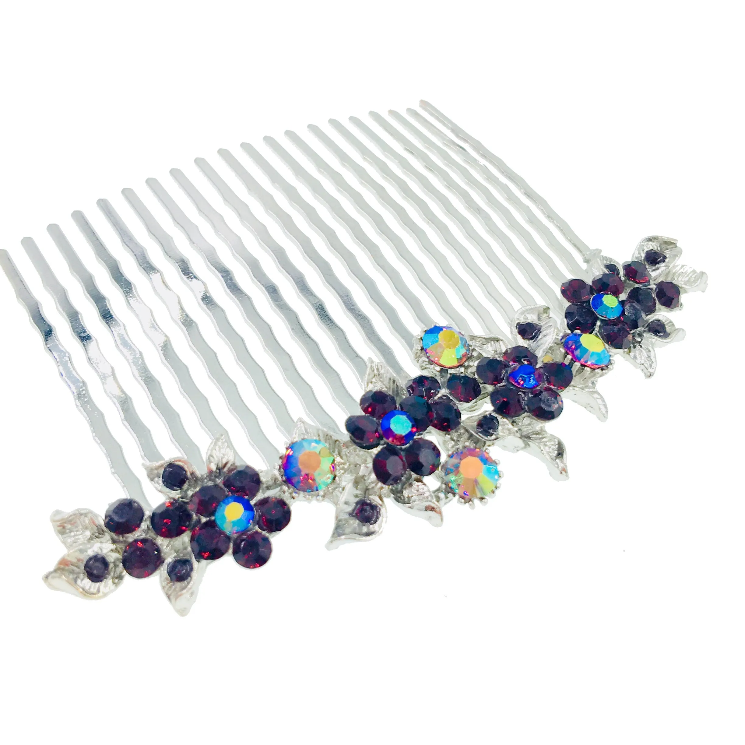Gypsophila Flower Cluster Hair Comb Swarovski Crystal Vintage Simple silver base Dark Purple