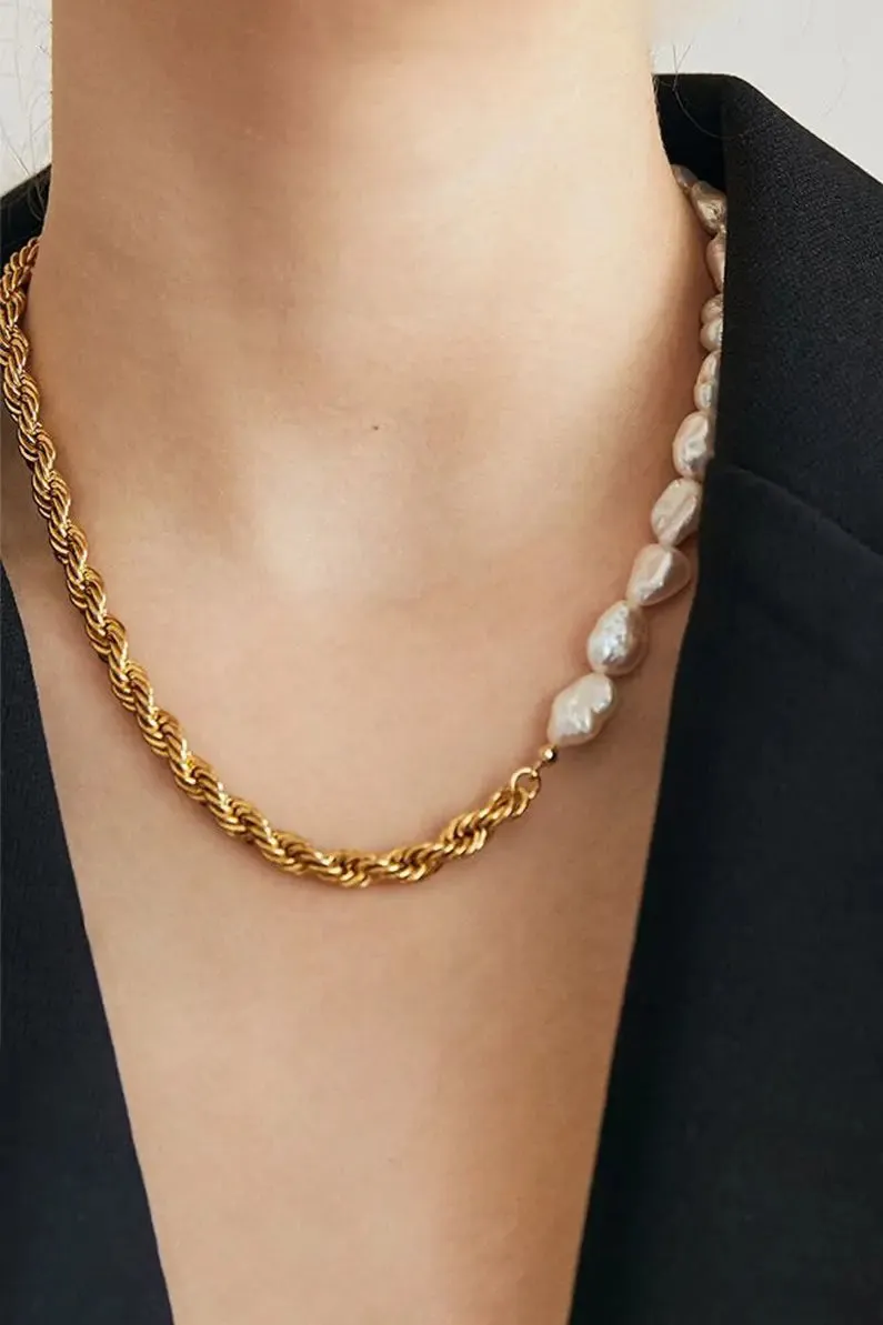 Half Pearl Half Gold Chain Choker Necklace