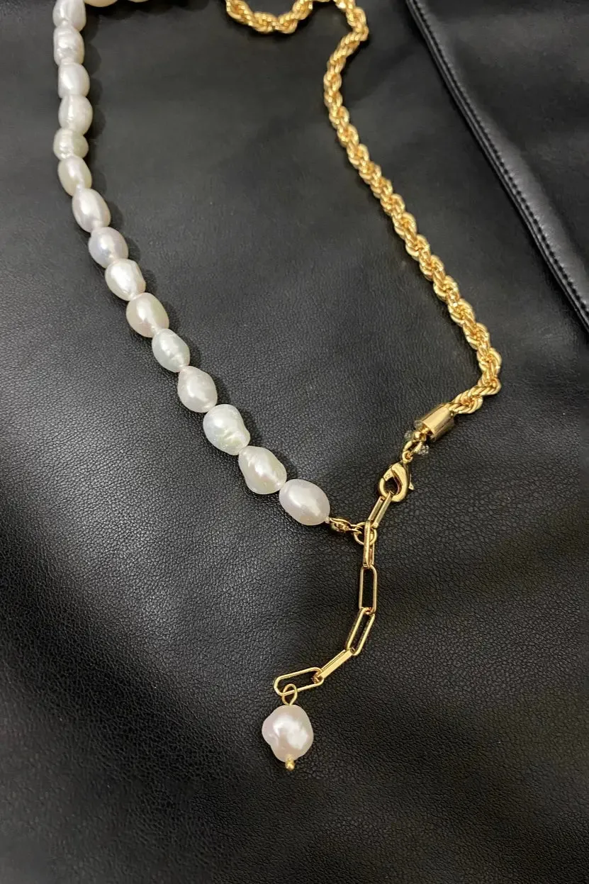 Half Pearl Half Gold Chain Choker Necklace