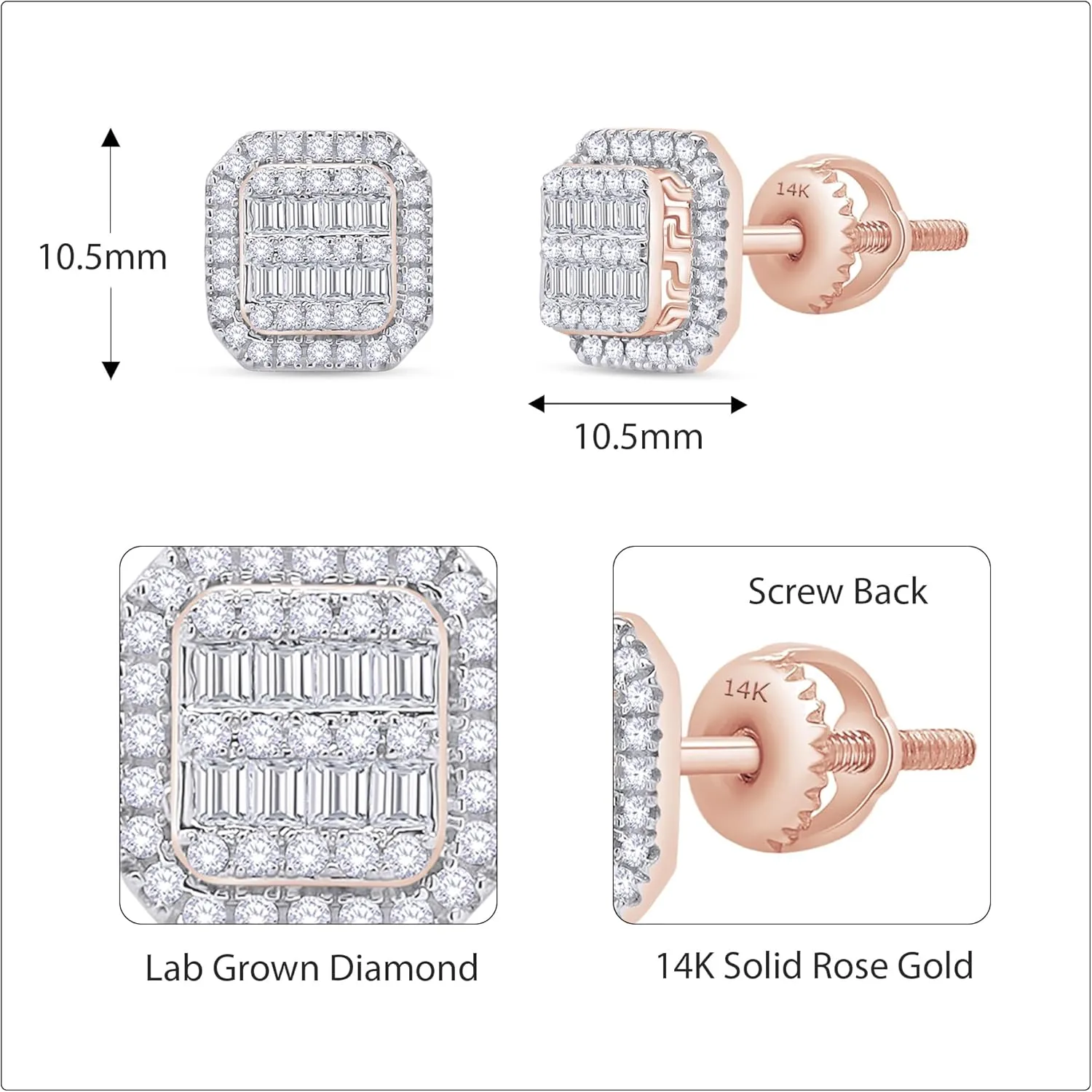 Halo Diamond Stud Earrings for Men 0.70 Cttw Round and Baguette cut Natural Diamond Ear Studs with Screw Backs in 14K Solid Gold Jewelry Gift for Him