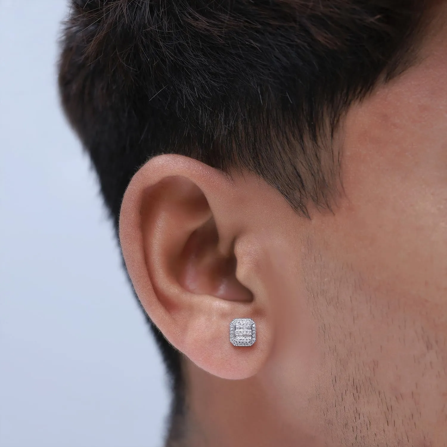 Halo Diamond Stud Earrings for Men 0.70 Cttw Round and Baguette cut Natural Diamond Ear Studs with Screw Backs in 14K Solid Gold Jewelry Gift for Him